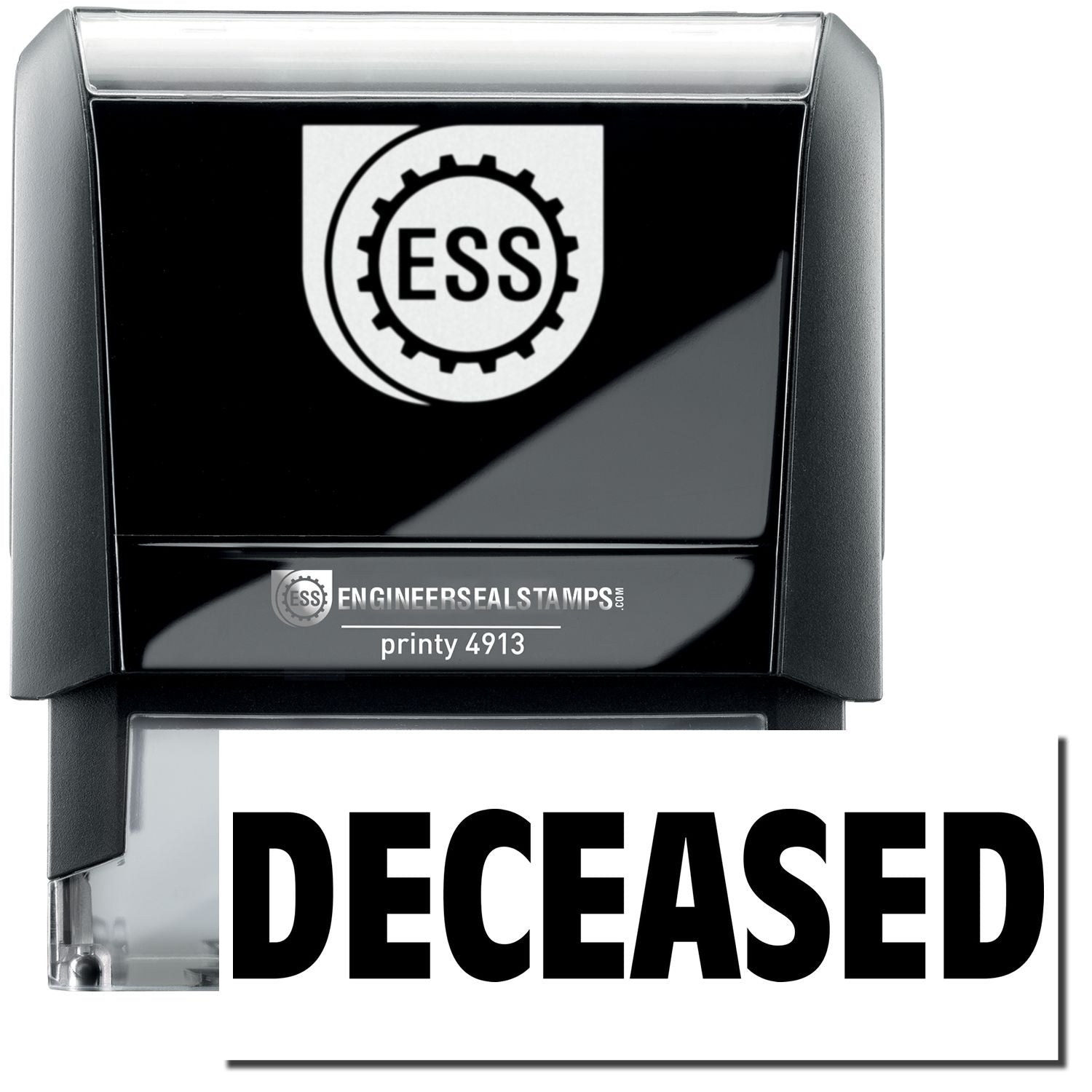 A self-inking stamp with a stamped image showing how the text DECEASED in a large font is displayed by it after stamping.