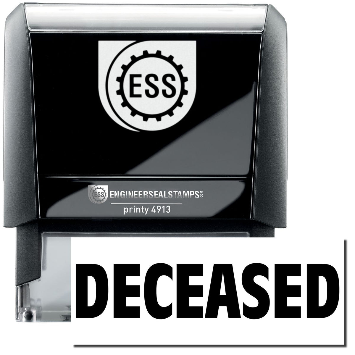 A self-inking stamp with a stamped image showing how the text &quot;DECEASED&quot; in a large font is displayed by it after stamping.