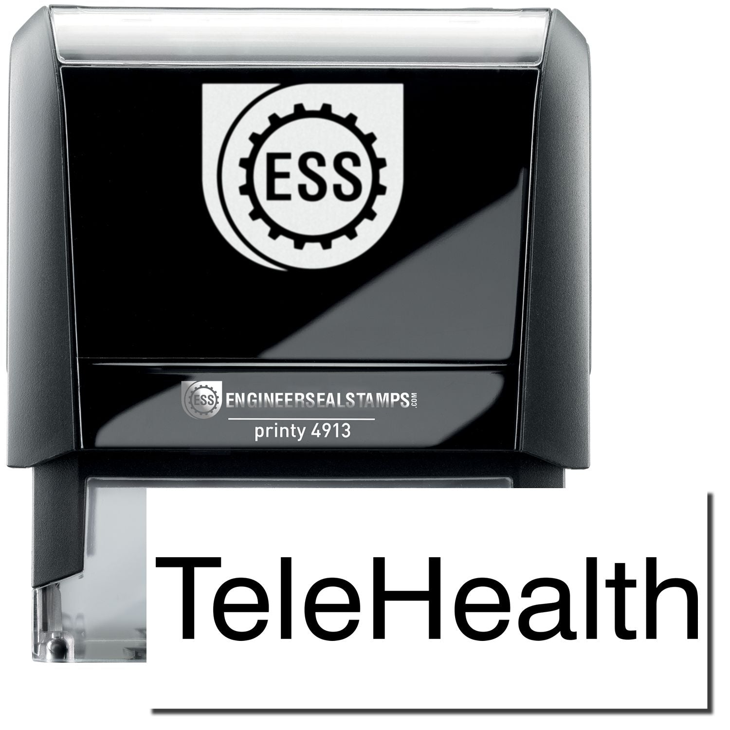 A self-inking stamp with a stamped image showing how the text TeleHealth in a large font is displayed by it after stamping.