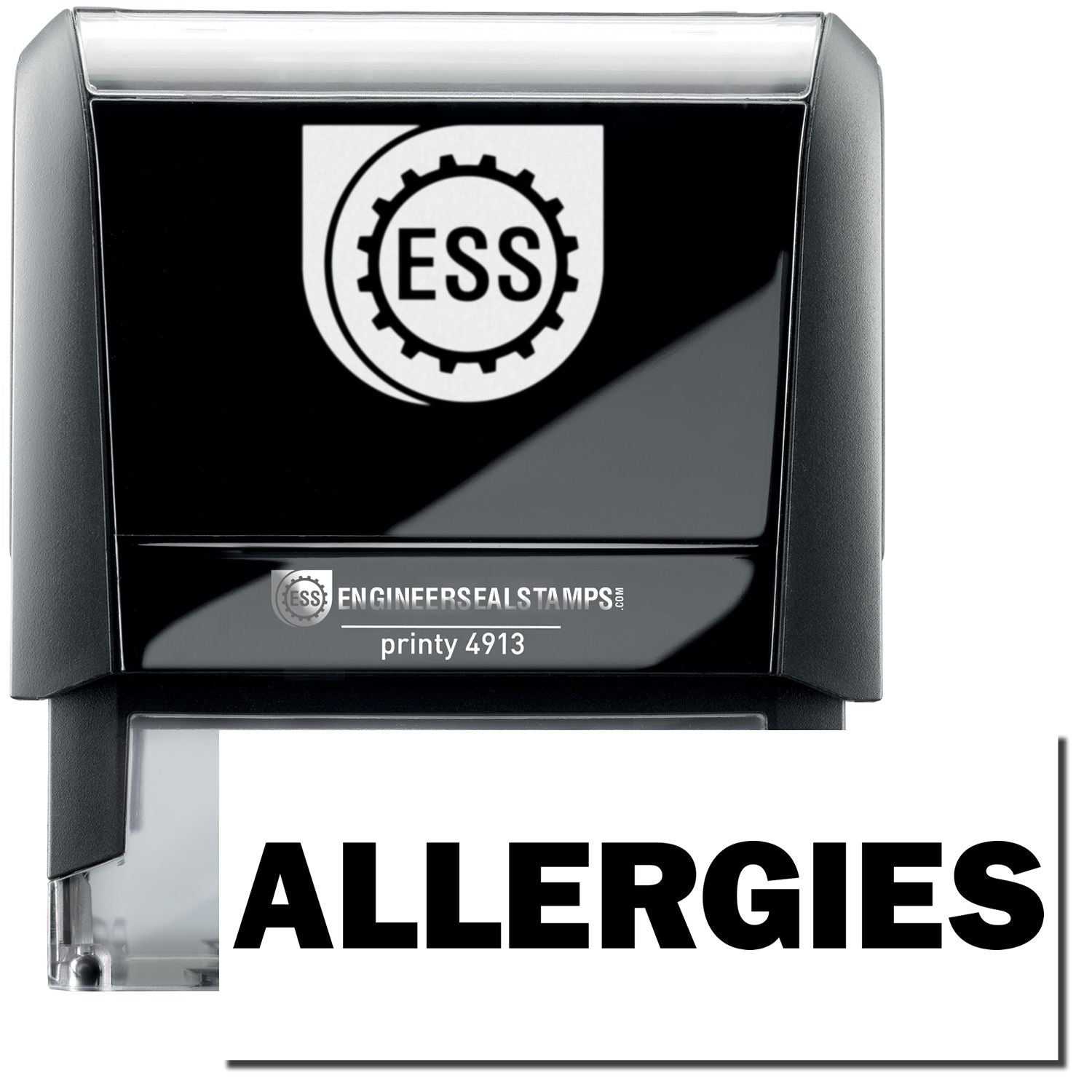 A self-inking stamp with a stamped image showing how the text "ALLERGIES" in a large font is displayed by it after stamping.