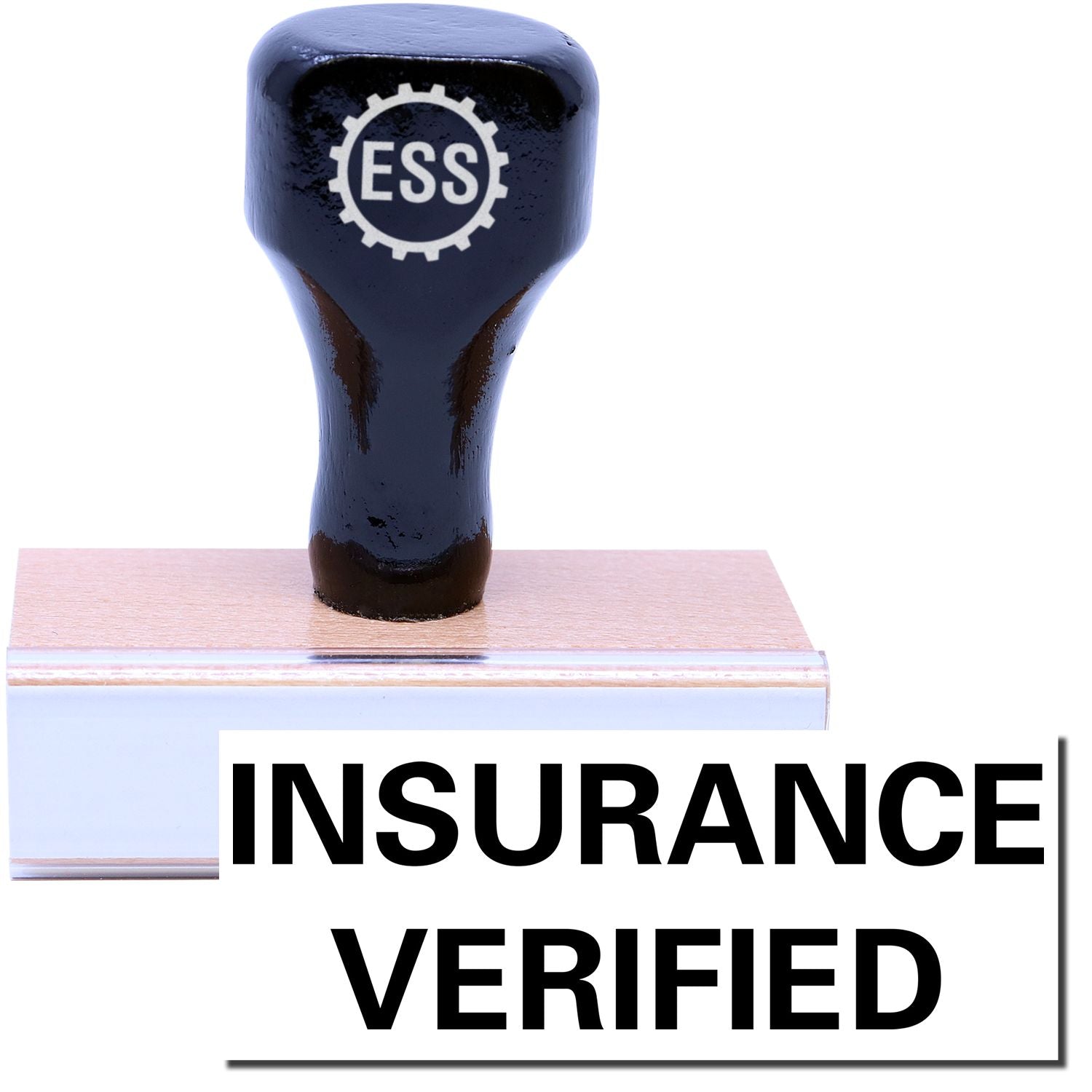 A stock office rubber stamp with a stamped image showing how the text "INSURANCE VERIFIED" in a large font is displayed after stamping.