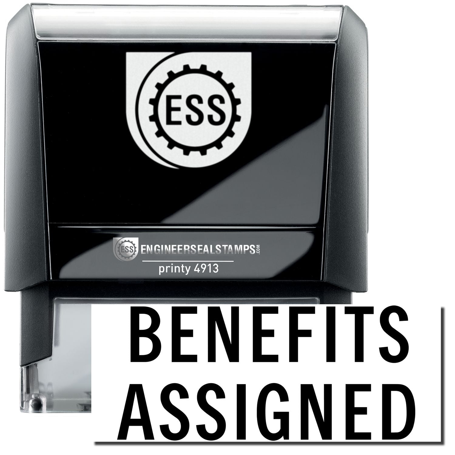 A self-inking stamp with a stamped image showing how the text BENEFITS ASSIGNED in a large font is displayed by it after stamping.