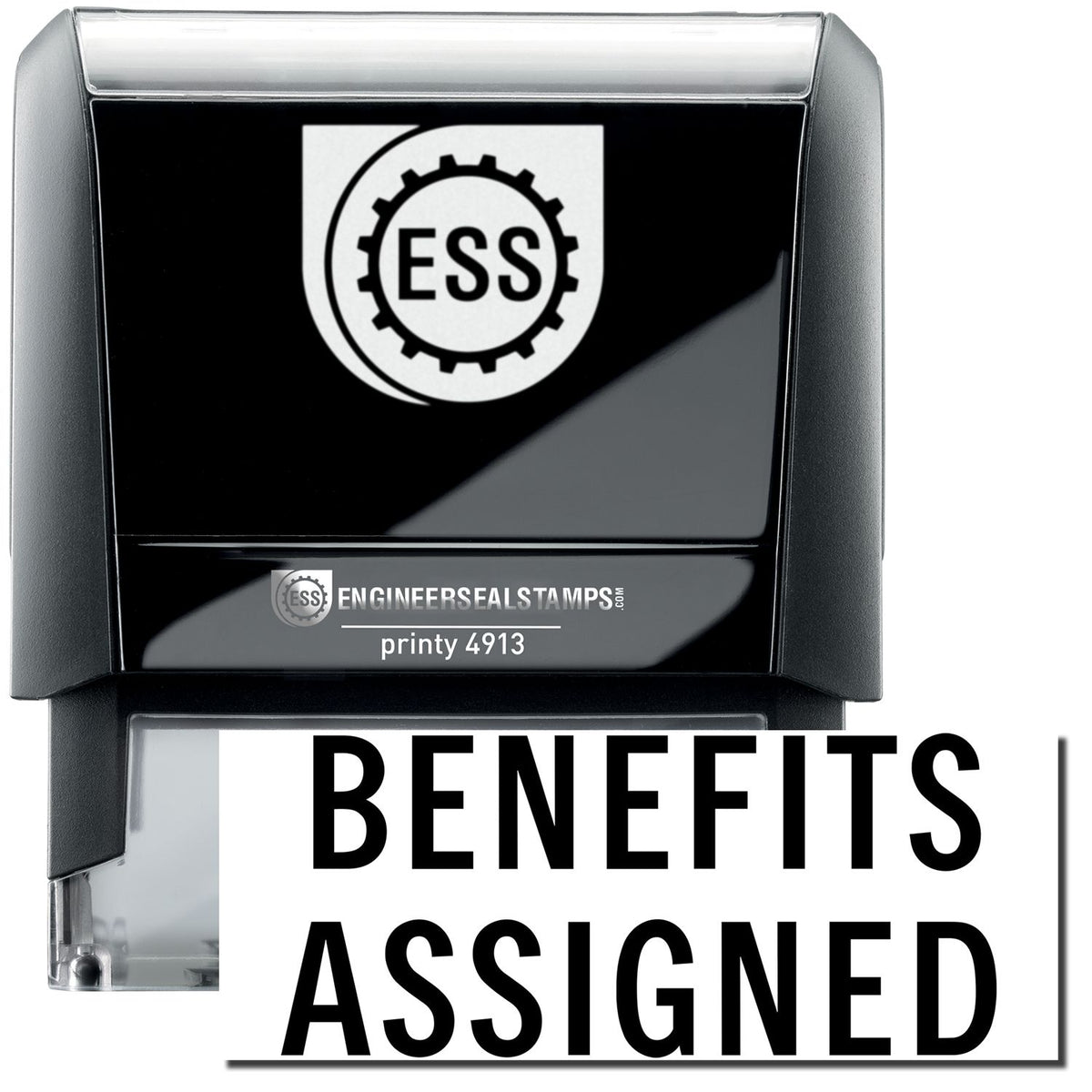 A self-inking stamp with a stamped image showing how the text &quot;BENEFITS ASSIGNED&quot; in a large font is displayed by it after stamping.