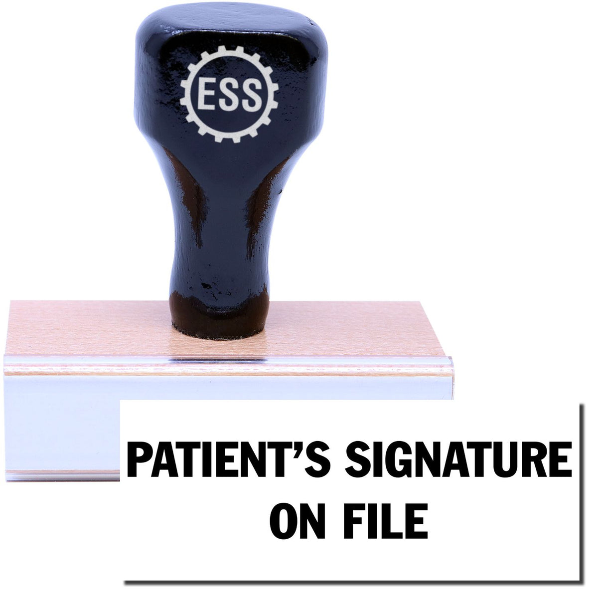 A stock office rubber stamp with a stamped image showing how the text &quot;PATIENT&#39;S SIGNATURE ON FILE&quot; in a large font is displayed after stamping.