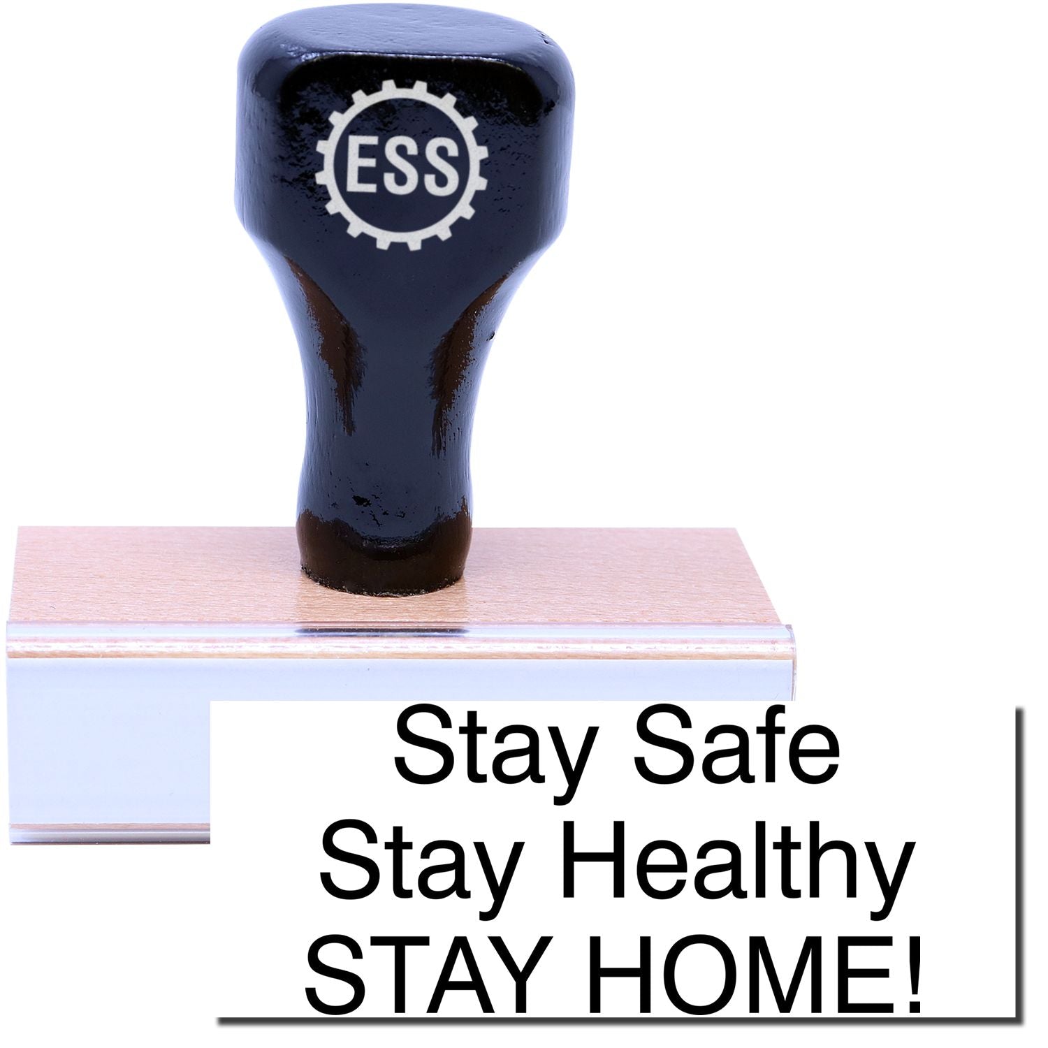 A stock office rubber stamp with a stamped image showing how the text "Stay Safe Stay Healthy STAY HOME!" in a large font is displayed after stamping.