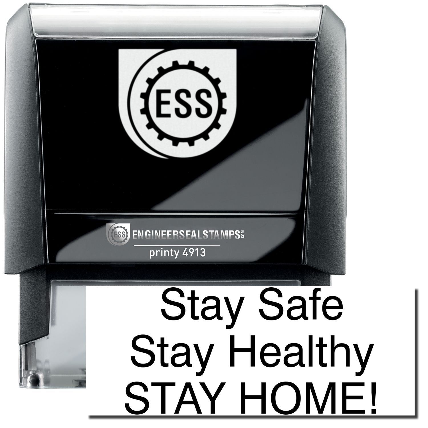 A self-inking stamp with a stamped image showing how the text "Stay Safe Stay Healthy STAY HOME!" in a large font is displayed by it after stamping.