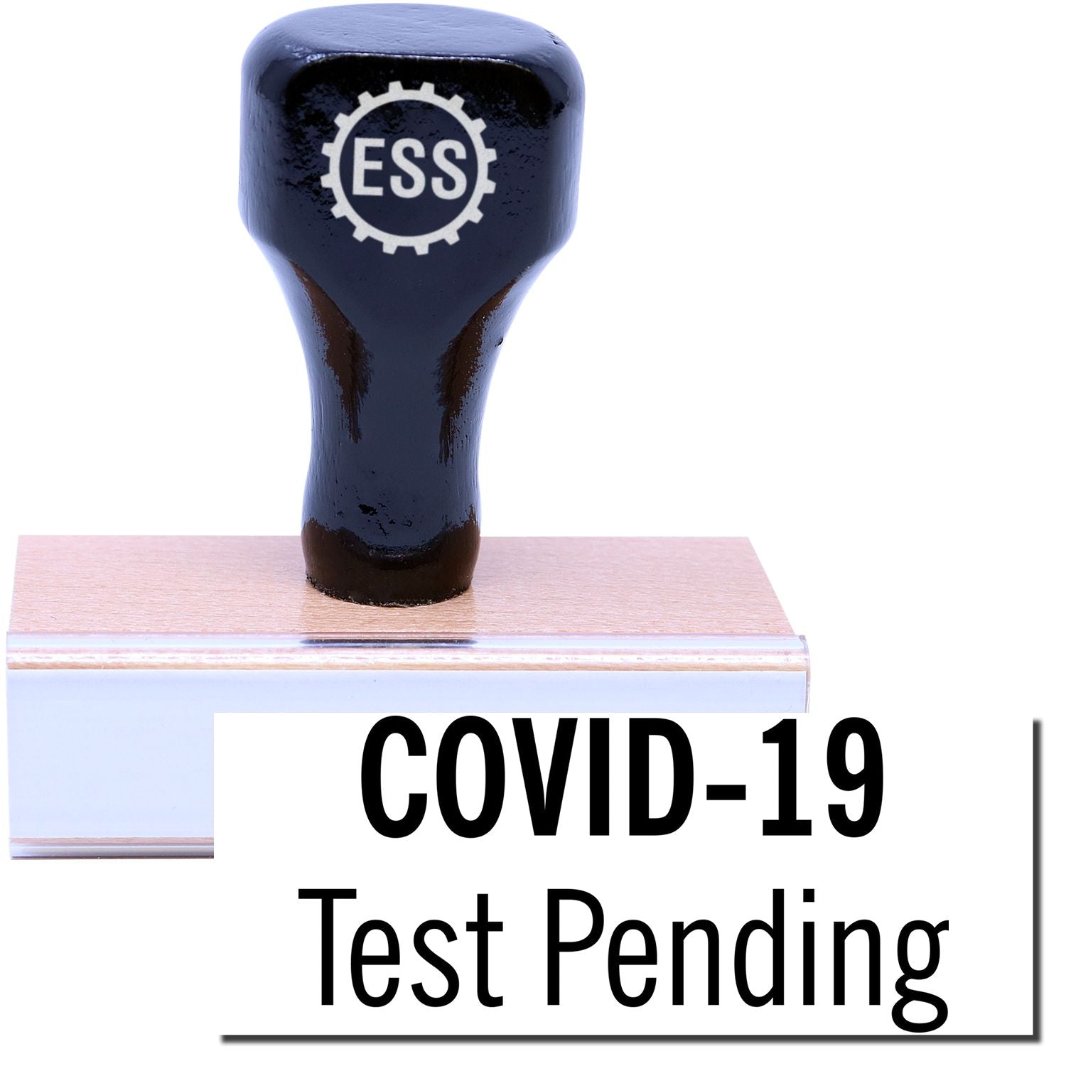 A stock office rubber stamp with a stamped image showing how the text COVID-19 Test Pending in a large font is displayed after stamping.