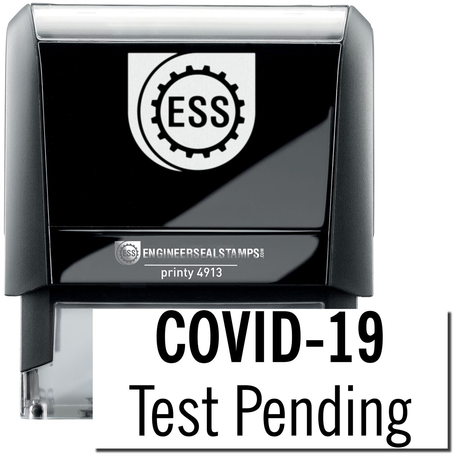 A self-inking stamp with a stamped image showing how the text COVID-19 Test Pending in a large font is displayed by it after stamping.