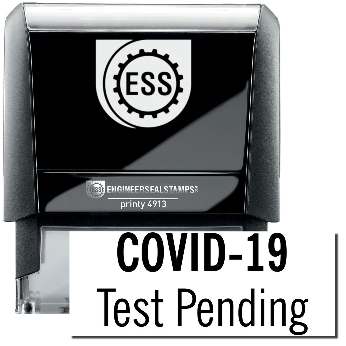 A self-inking stamp with a stamped image showing how the text &quot;COVID-19 Test Pending&quot; in a large font is displayed by it after stamping.