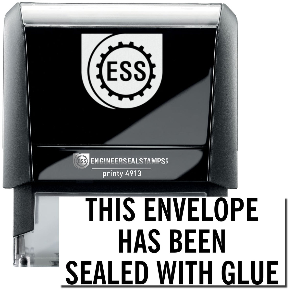 A self-inking stamp with a stamped image showing how the text &quot;THIS ENVELOPE HAS BEEN SEALED WITH GLUE&quot; in a large font is displayed by it after stamping.