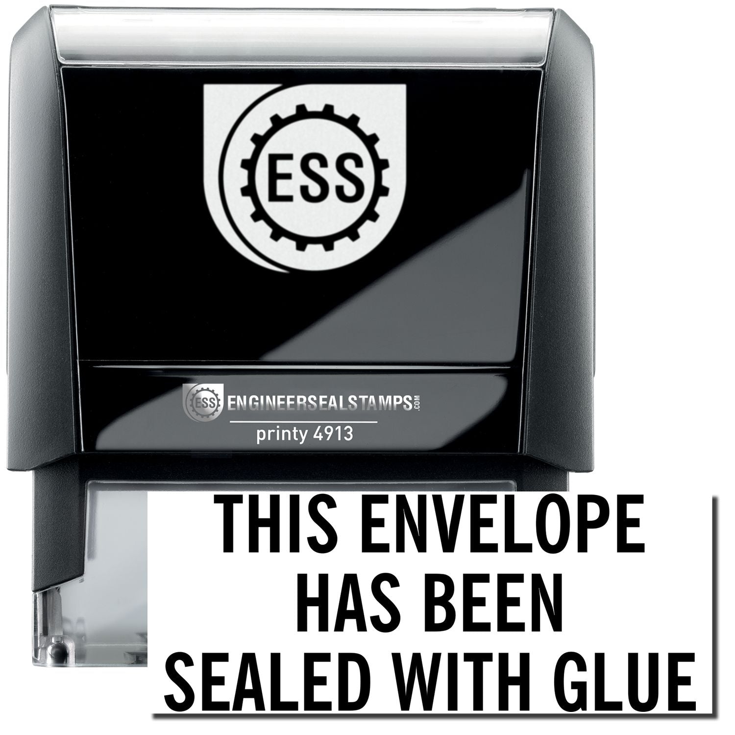 A self-inking stamp with a stamped image showing how the text "THIS ENVELOPE HAS BEEN SEALED WITH GLUE" in a large font is displayed by it after stamping.