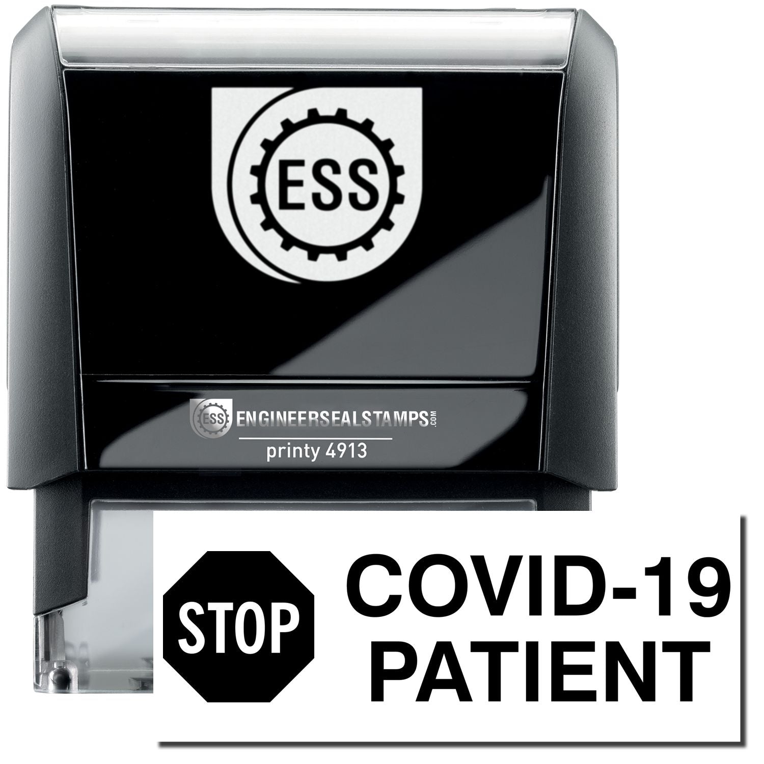 A self-inking stamp with a stamped image showing how the text STOP COVID-19 PATIENT in a large font with a stop sign board is displayed by it after stamping.