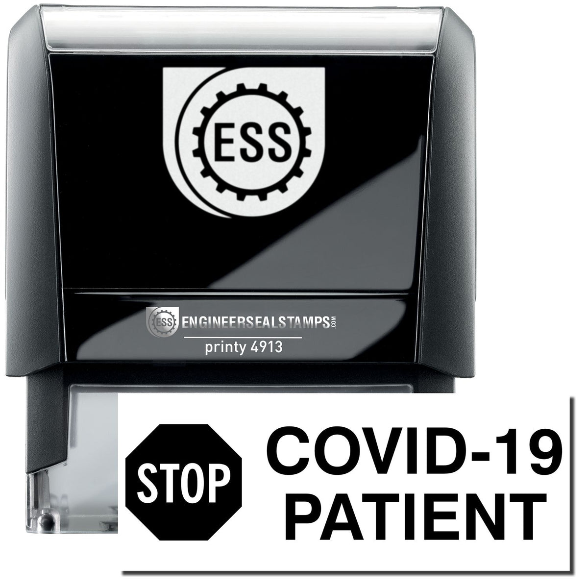 A self-inking stamp with a stamped image showing how the text &quot;STOP COVID-19 PATIENT&quot; in a large font with a stop sign board is displayed by it after stamping.