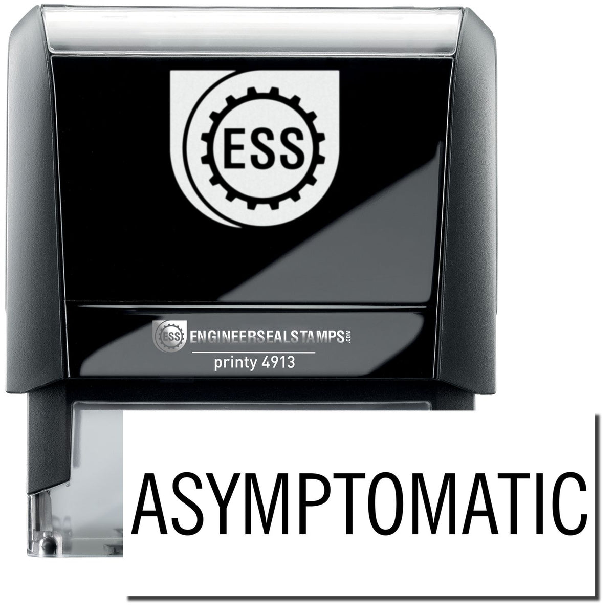 A self-inking stamp with a stamped image showing how the text &quot;ASYMPTOMATIC&quot; in a large font is displayed by it after stamping.