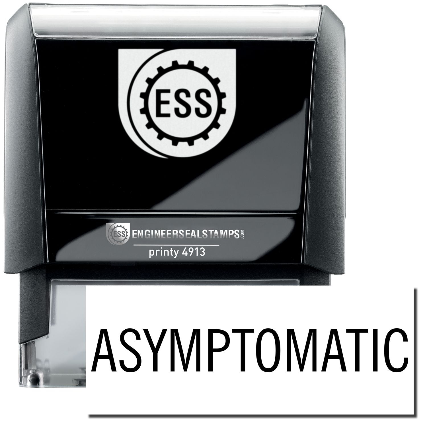 A self-inking stamp with a stamped image showing how the text "ASYMPTOMATIC" in a large font is displayed by it after stamping.