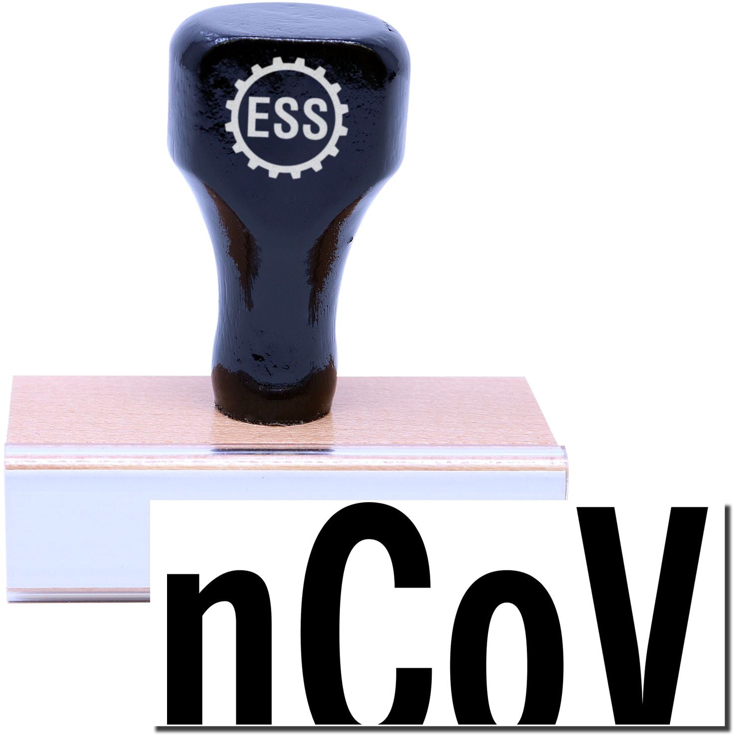 A stock office rubber stamp with a stamped image showing how the text nCoV in a large font is displayed after stamping.