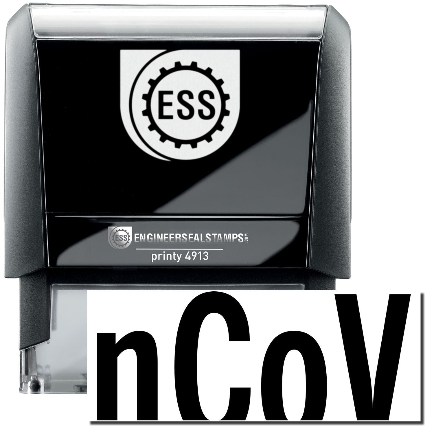 A self-inking stamp with a stamped image showing how the text nCov in a large font is displayed by it after stamping.