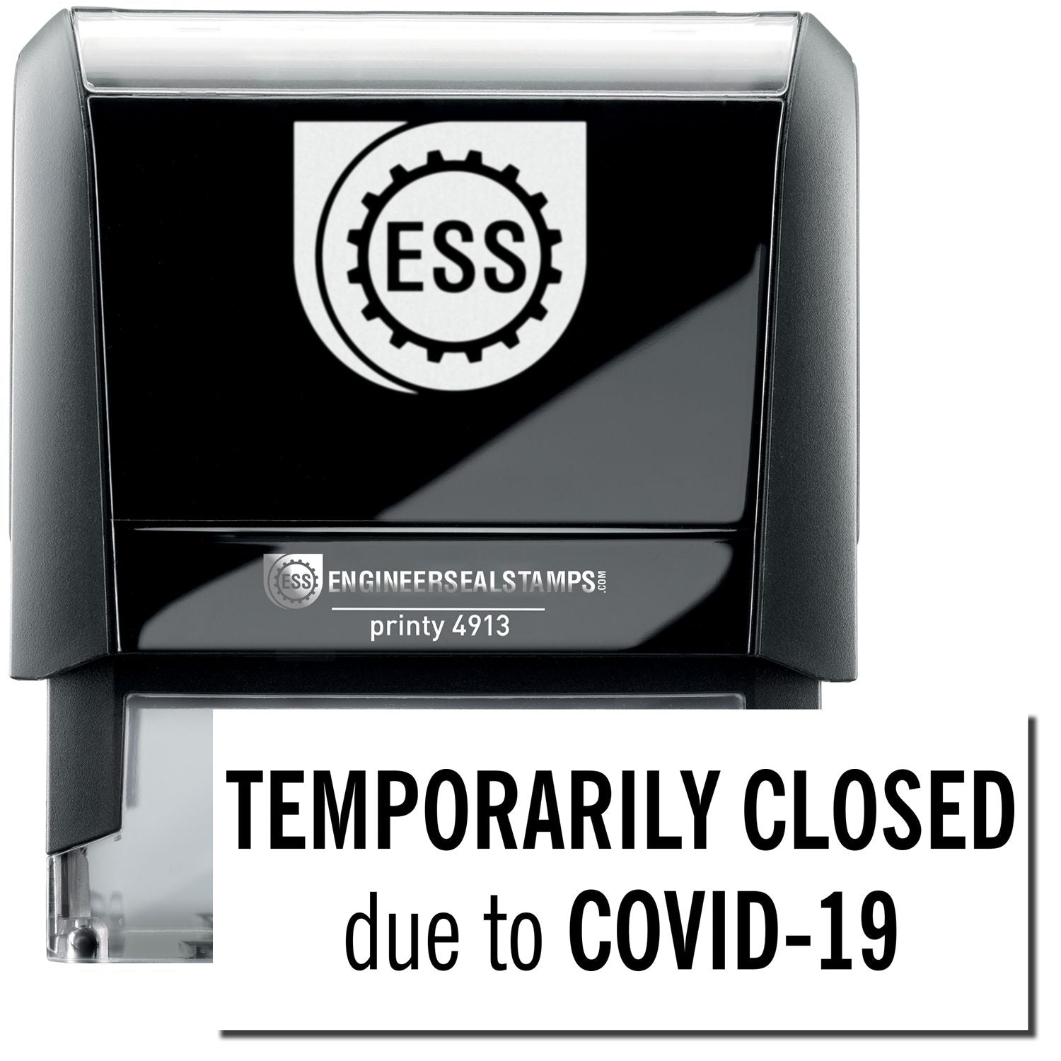 A self-inking stamp with a stamped image showing how the text TEMPORARILY CLOSED due to COVID -19 in a large font is displayed by it after stamping.