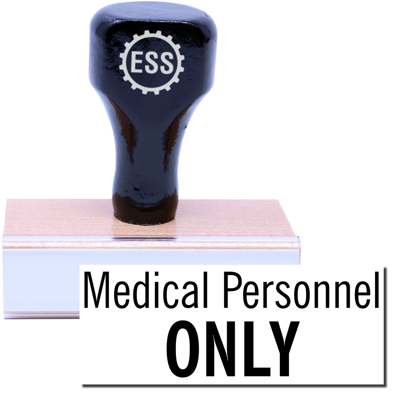 A stock office rubber stamp with a stamped image showing how the text Medical Personnel ONLY in a large font is displayed after stamping.