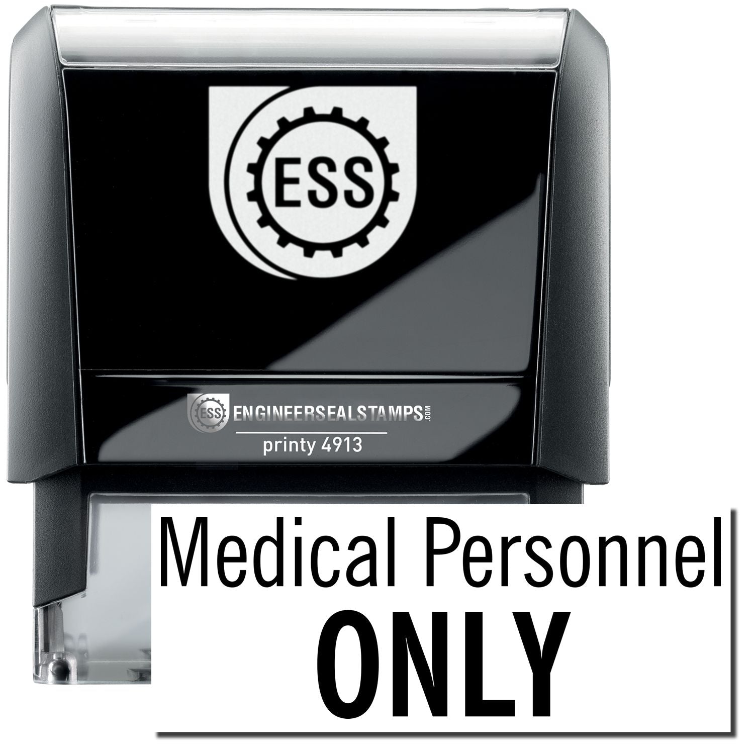 A self-inking stamp with a stamped image showing how the text Medical Personnel ONLY in a large font is displayed by it after stamping.