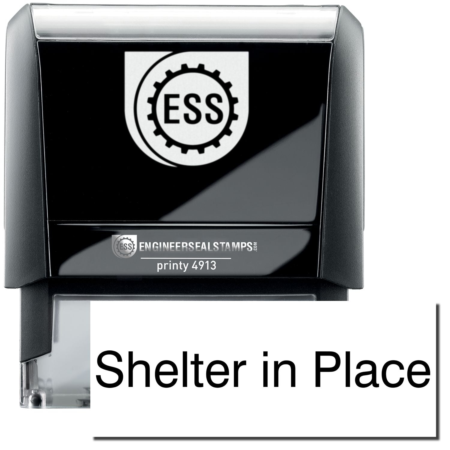 A self-inking stamp with a stamped image showing how the text Shelter in Place in a large font is displayed by it after stamping.