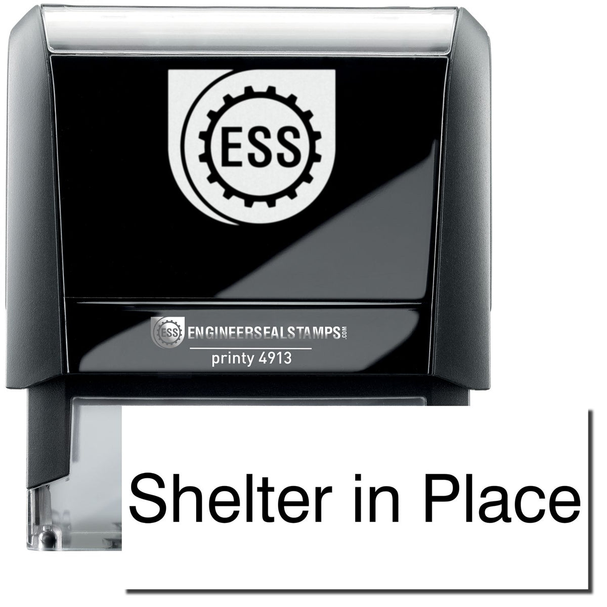 A self-inking stamp with a stamped image showing how the text &quot;Shelter in Place&quot; in a large font is displayed by it after stamping.