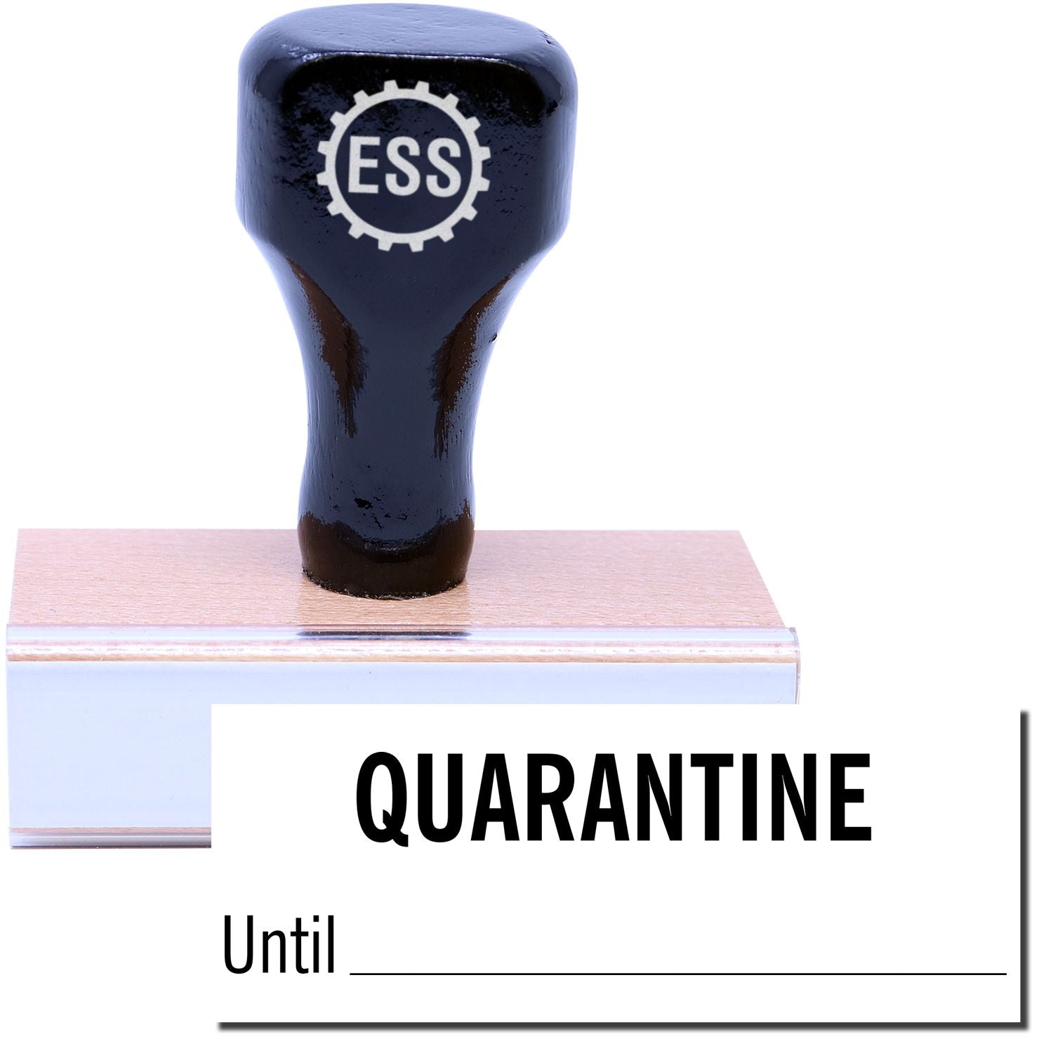 A stock office rubber stamp with a stamped image showing how the text "QUARANTINE Until" in a large font with a line is displayed after stamping.