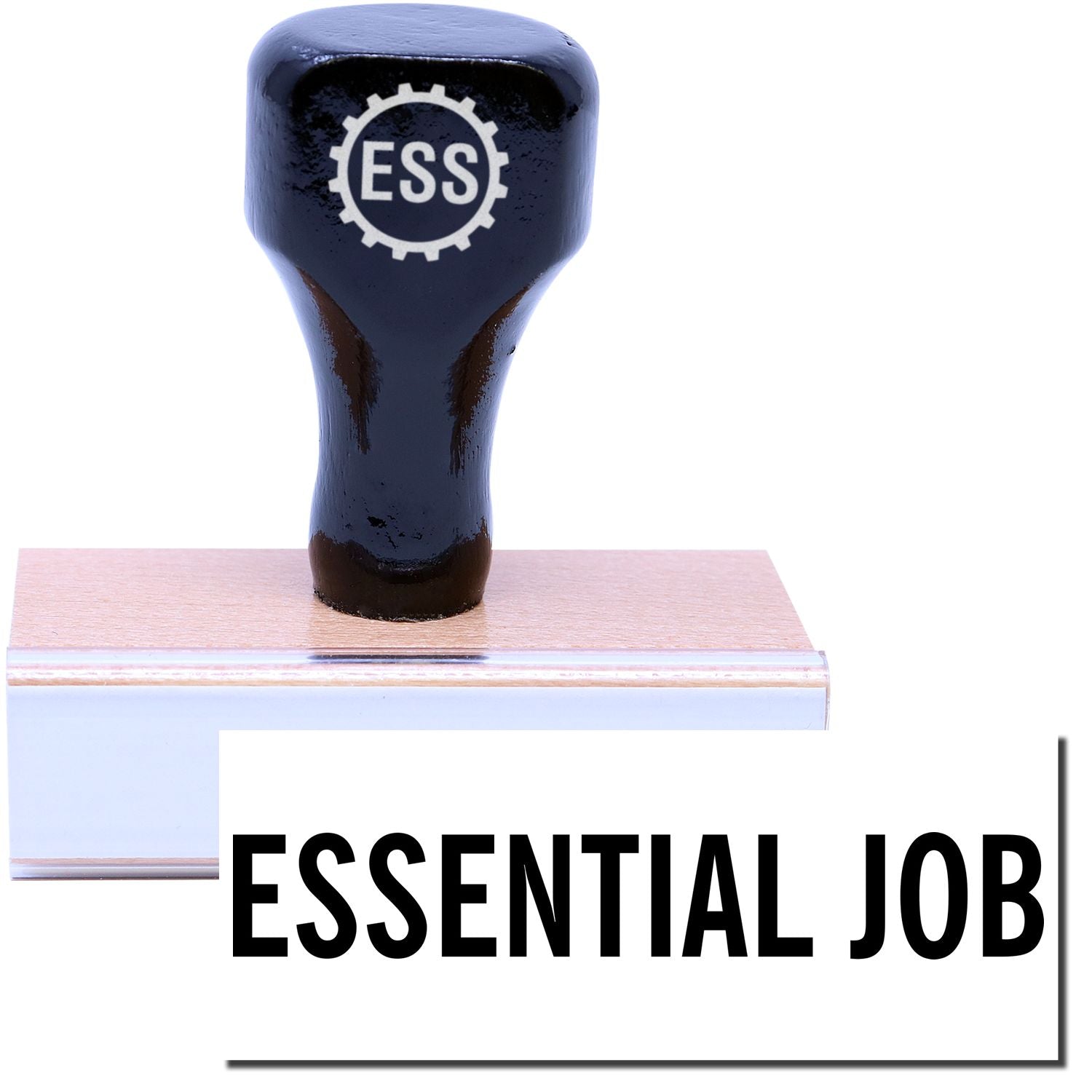 A stock office rubber stamp with a stamped image showing how the text ESSENTIAL JOB in a large font is displayed after stamping.