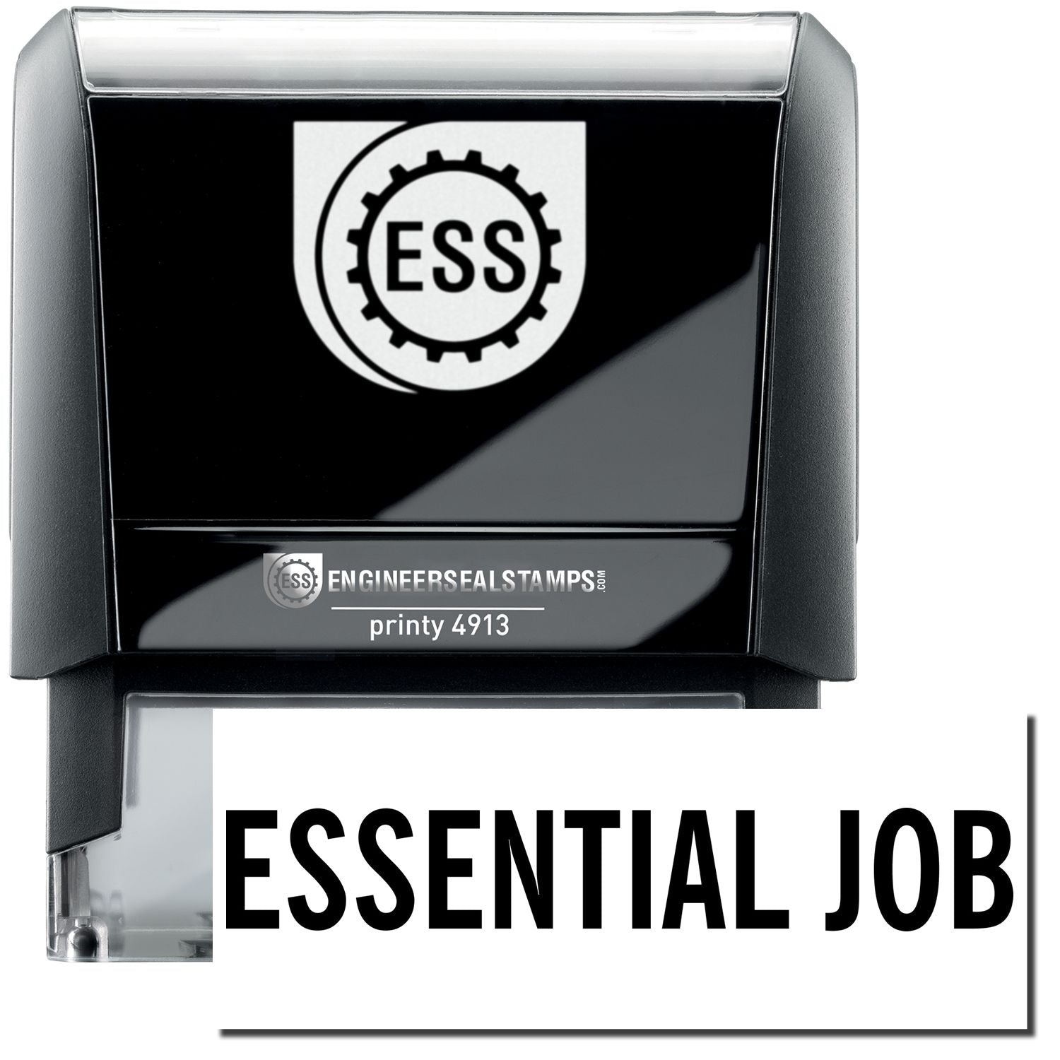 A self-inking stamp with a stamped image showing how the text "ESSENTIAL JOB" in a large font is displayed by it after stamping.