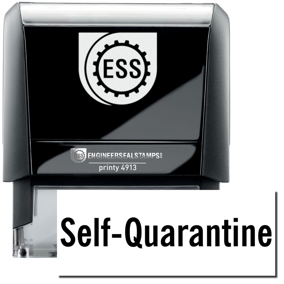 A self-inking stamp with a stamped image showing how the text &quot;Self-Quarantine&quot; in a large font is displayed by it after stamping.
