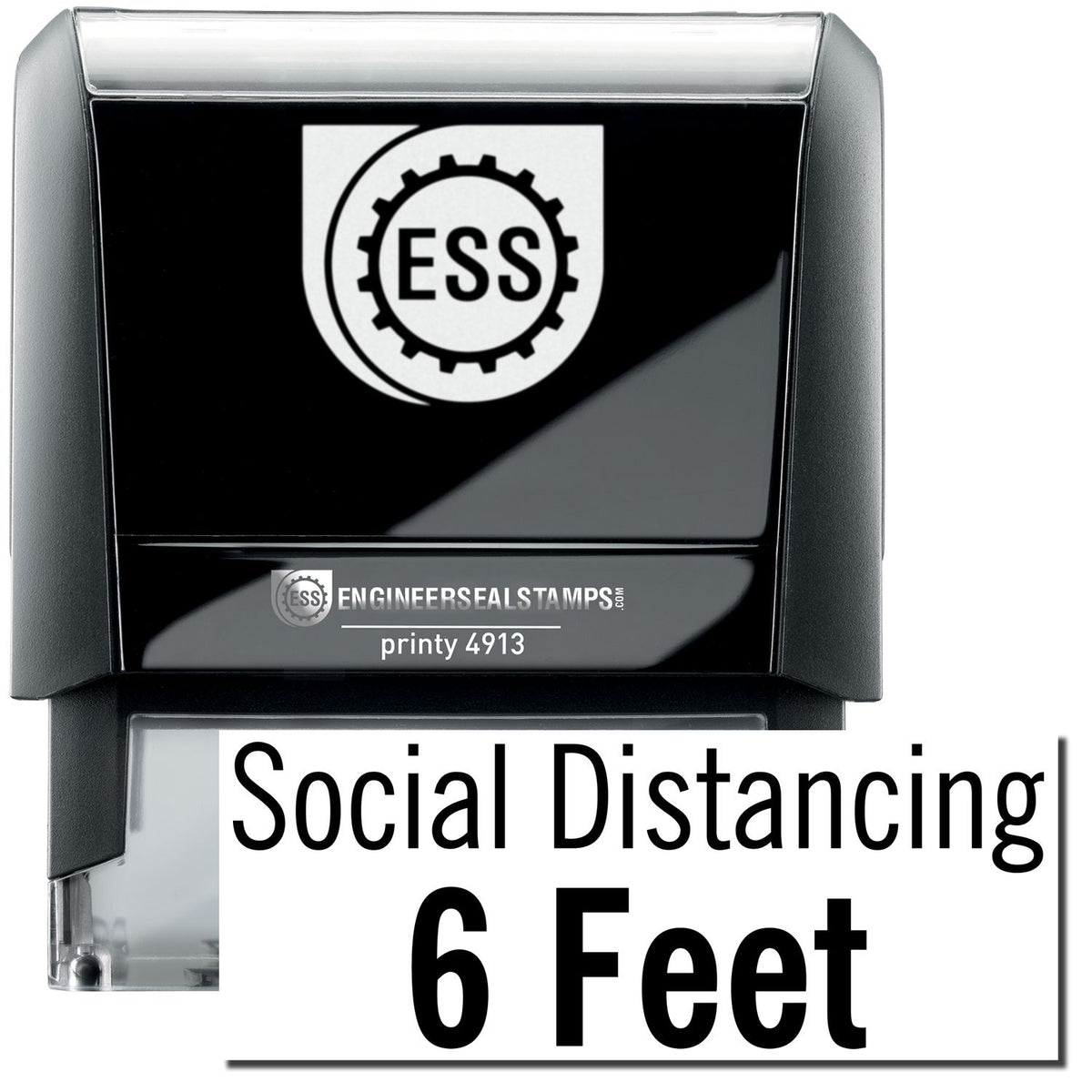 A self-inking stamp with a stamped image showing how the text &quot;Social Distancing 6 Feet&quot; in a large font is displayed by it after stamping.