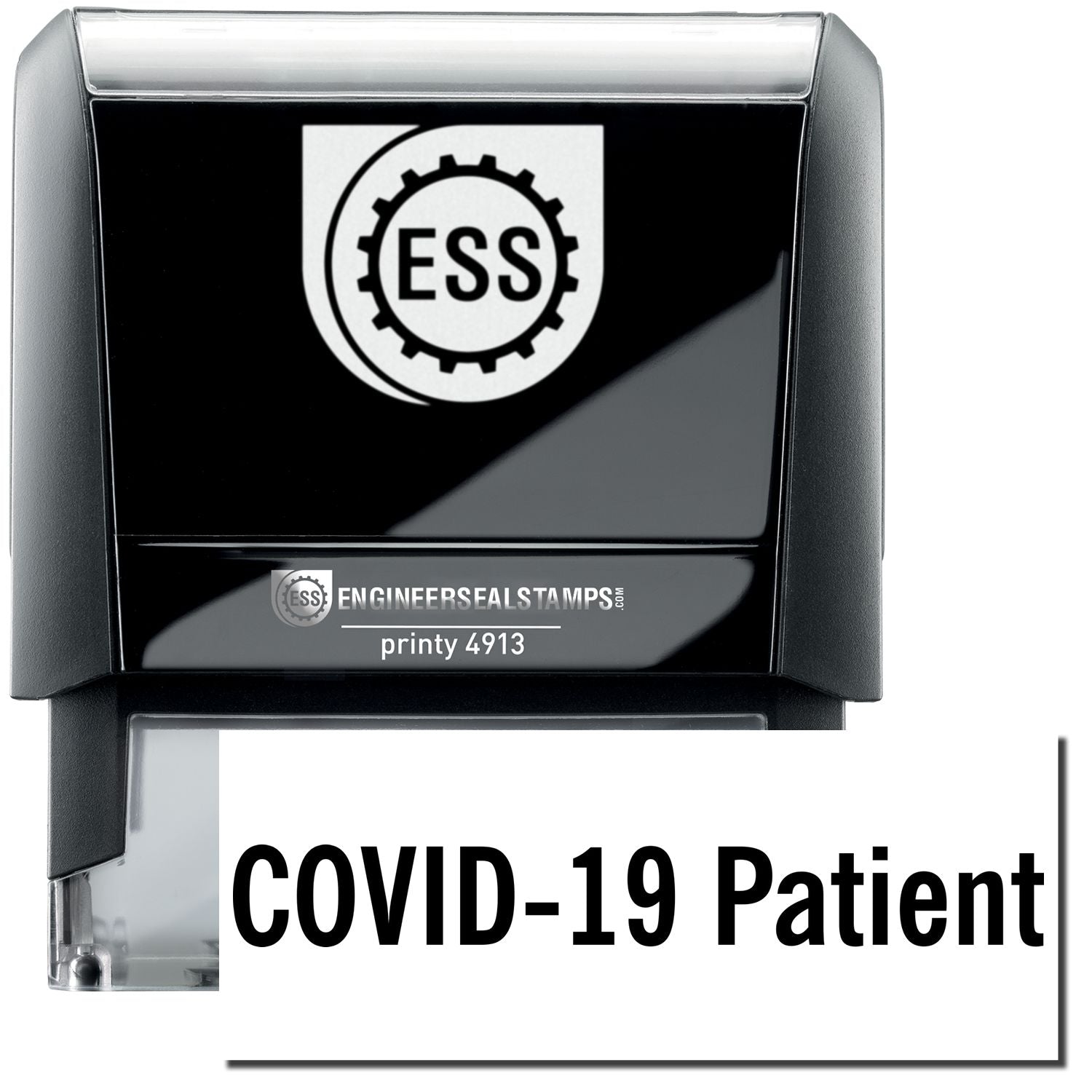 A self-inking stamp with a stamped image showing how the text COVID-19 Patient in a large font is displayed by it after stamping.