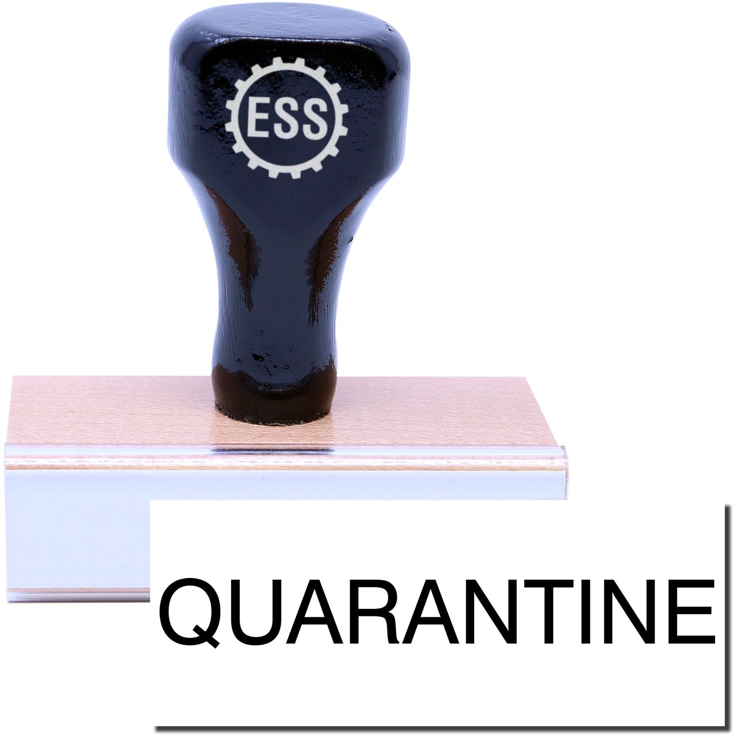 A stock office rubber stamp with a stamped image showing how the text QUARANTINE in a large font is displayed after stamping.