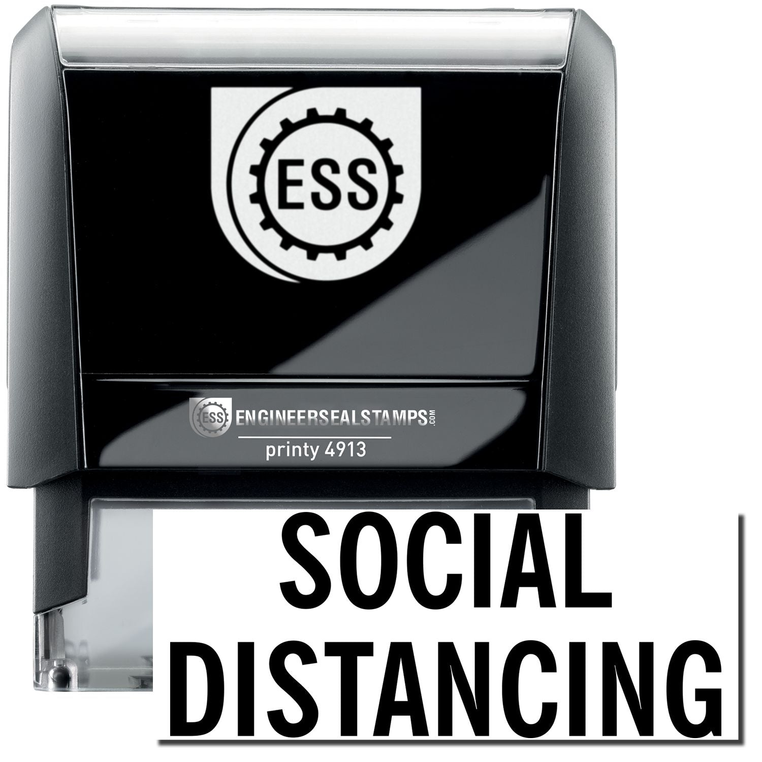 A self-inking stamp with a stamped image showing how the text SOCIAL DISTANCING in a large font is displayed by it after stamping.