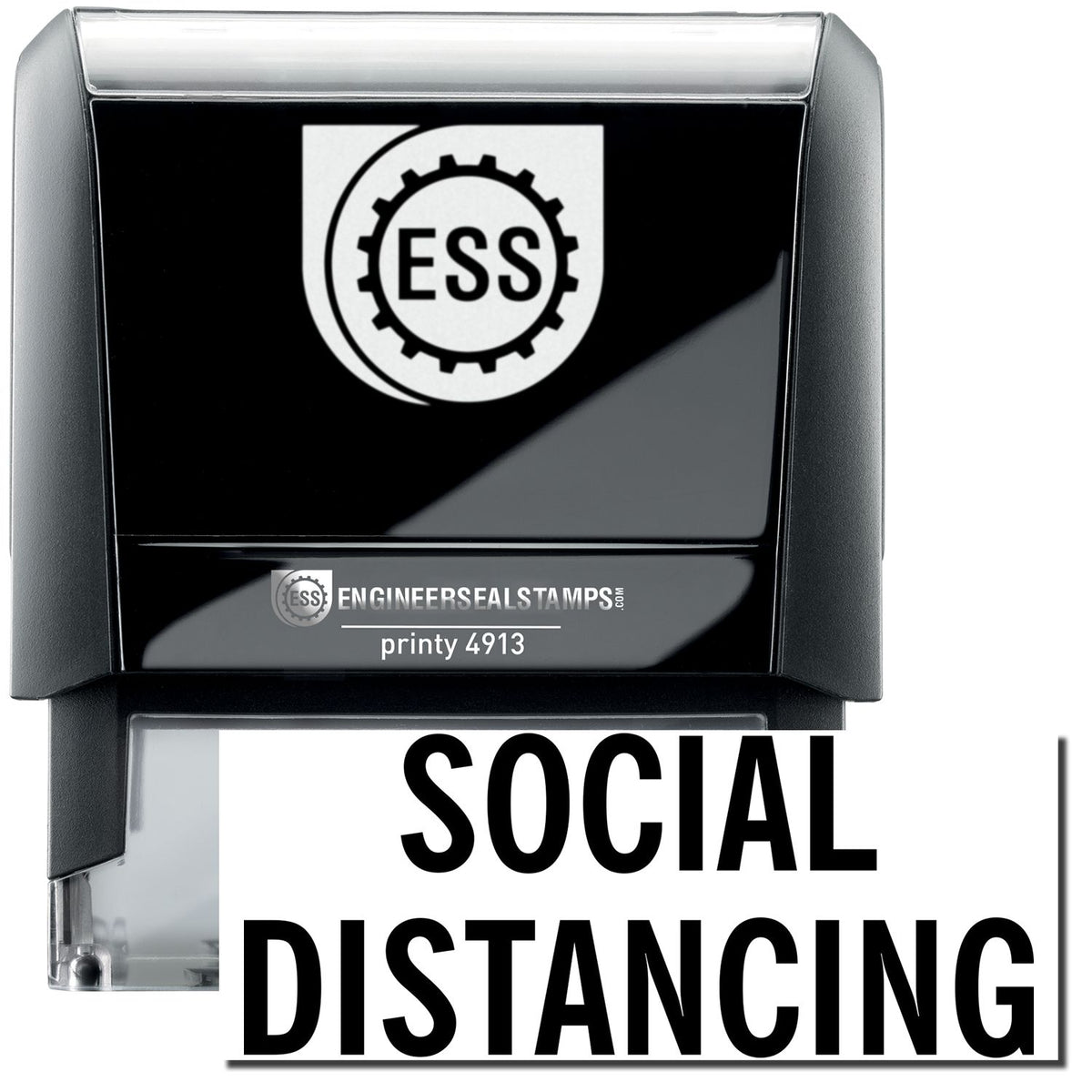 A self-inking stamp with a stamped image showing how the text &quot;SOCIAL DISTANCING&quot; in a large font is displayed by it after stamping.