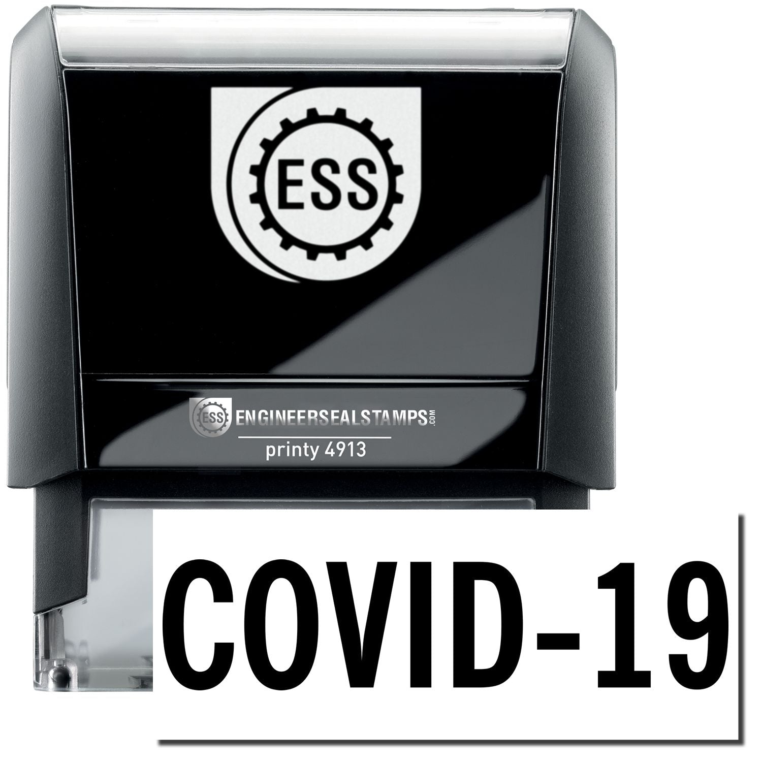 A self-inking stamp with a stamped image showing how the text COVID-19 in a large bold font is displayed by it after stamping.