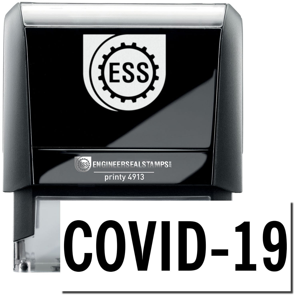 A self-inking stamp with a stamped image showing how the text &quot;COVID-19&quot; in a large bold font is displayed by it after stamping.
