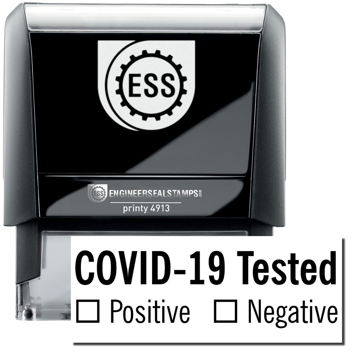 A self-inking stamp with a stamped image showing how the text &quot;COVID-19 Tested&quot; in a large font with a space underneath (where a box can be checked based on whether a person is positive or negative for the virus) is displayed by it after stamping.