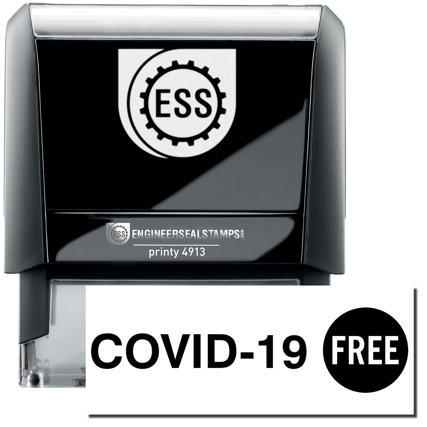 A self-inking stamp with a stamped image showing how the text "COVID-19 FREE" (in which the word "FREE" is shown inside a circle) in a large font is displayed by it after stamping.
