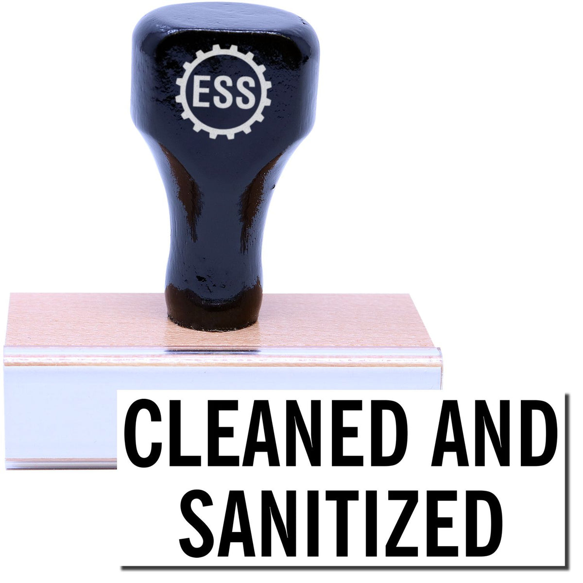 A stock office rubber stamp with a stamped image showing how the text &quot;CLEANED AND SANITIZED&quot; in a large font is displayed after stamping.