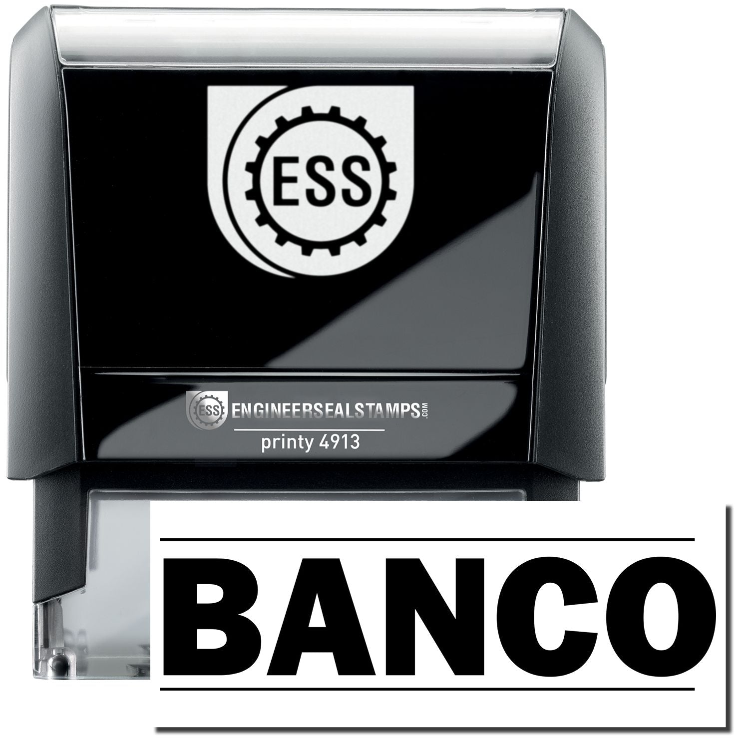 A self-inking stamp with a stamped image showing how the text BANCO in a large bold font is displayed by it after stamping.