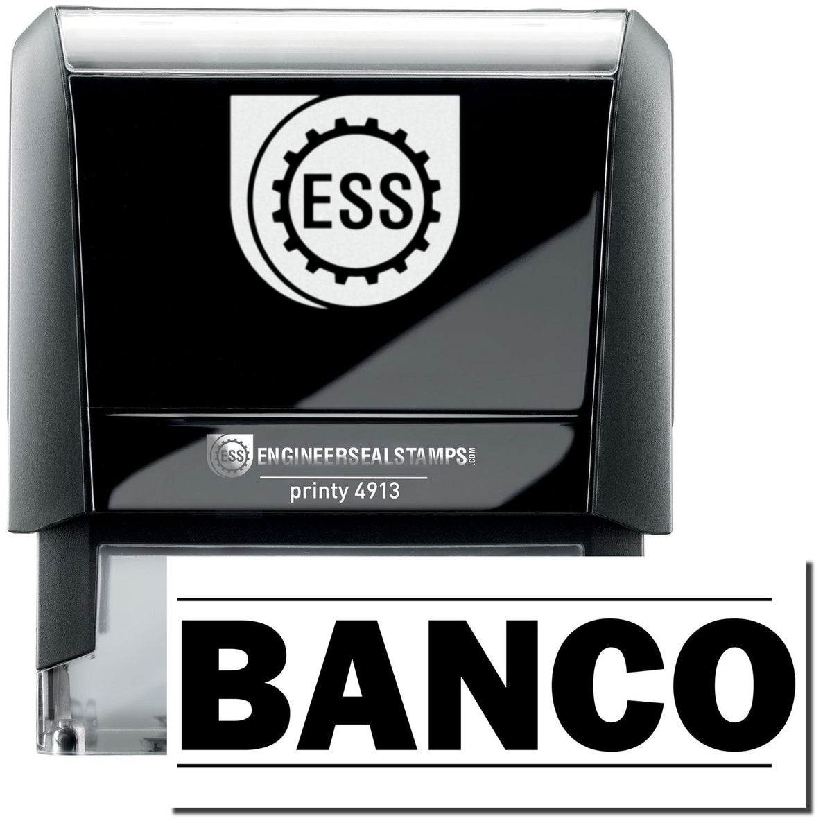 A self-inking stamp with a stamped image showing how the text &quot;BANCO&quot; in a large bold font is displayed by it after stamping.
