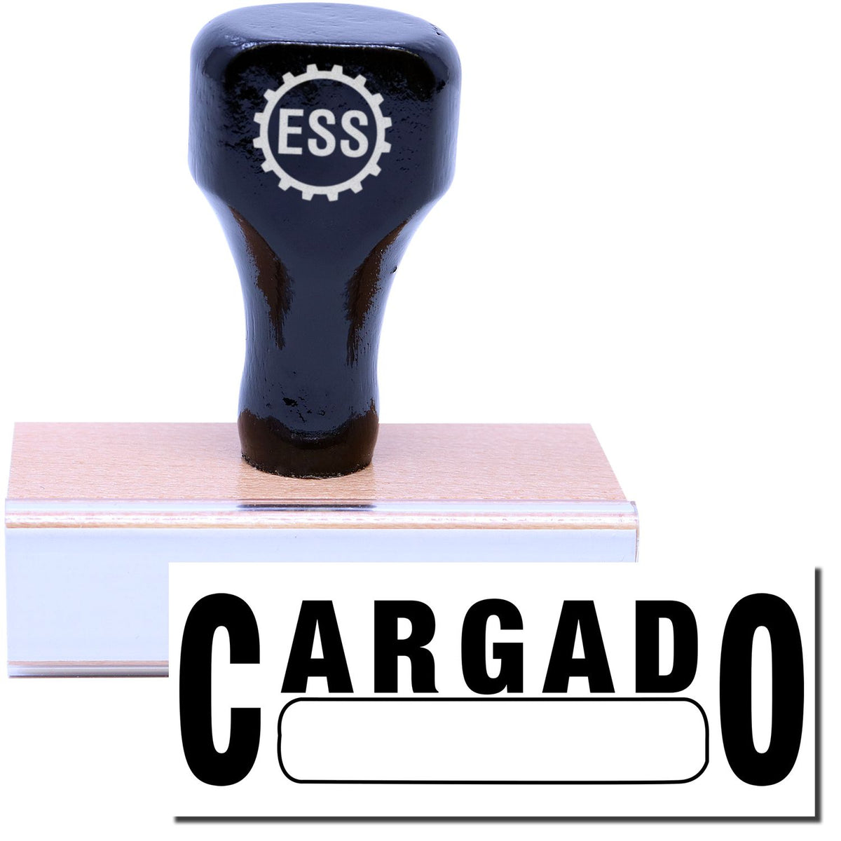A stock office rubber stamp with a stamped image showing how the text &quot;CARGADO&quot; in a large font with a box is displayed after stamping.