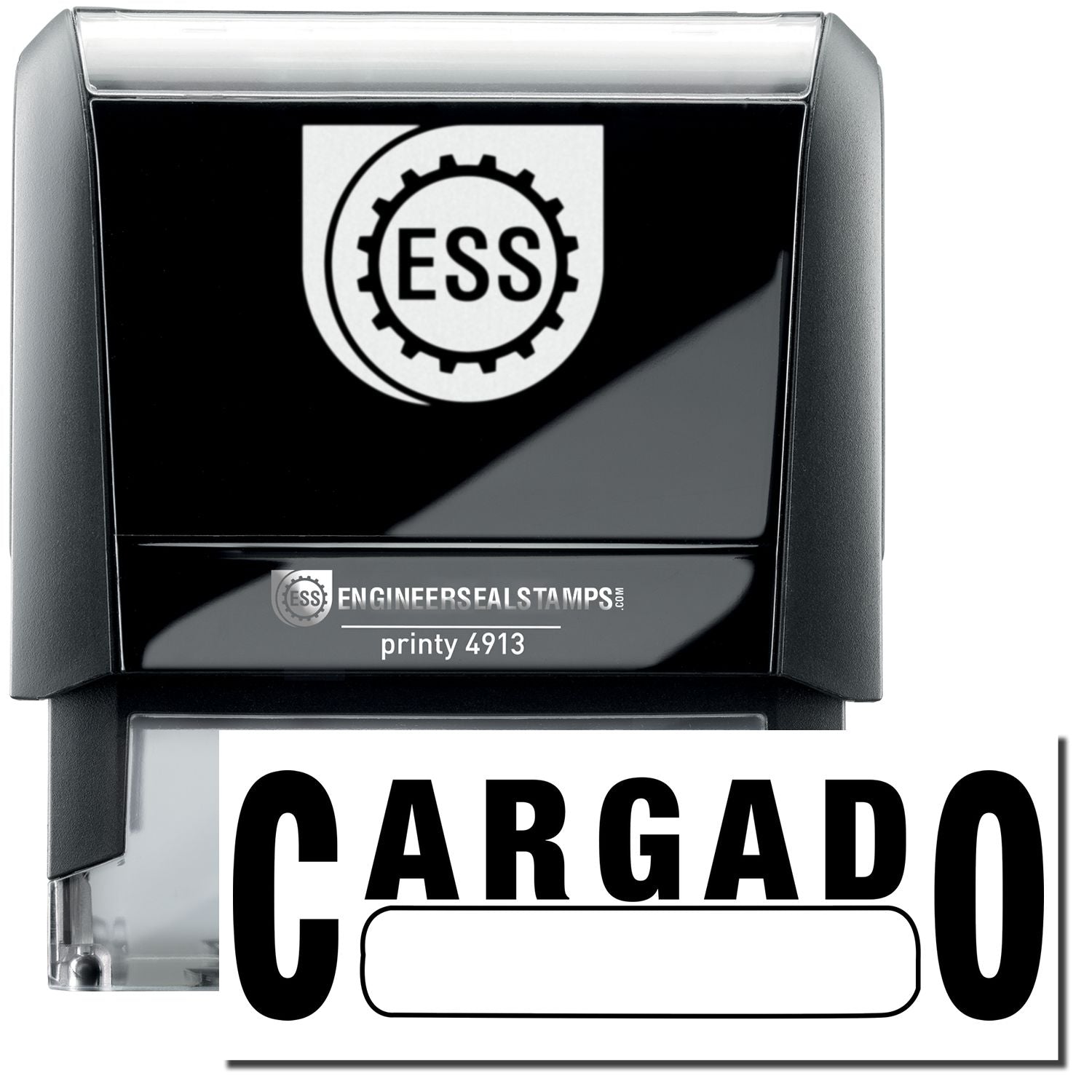 A self-inking stamp with a stamped image showing how the text CARGADO (with a box underneath) in a large font is displayed by it after stamping.