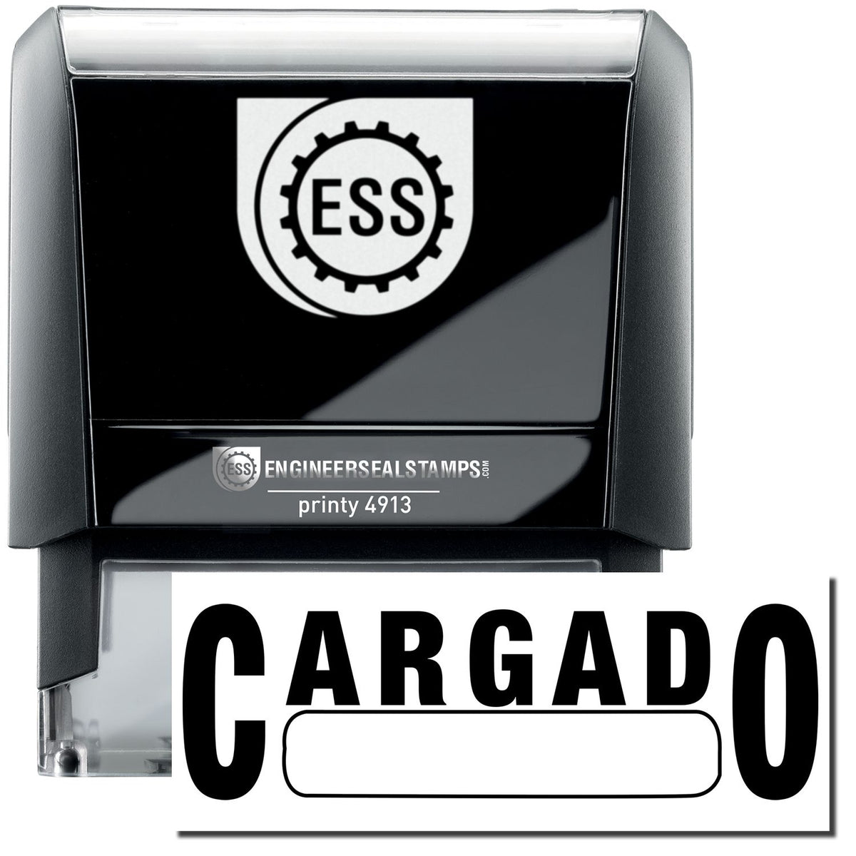 A self-inking stamp with a stamped image showing how the text &quot;CARGADO&quot; (with a box underneath) in a large font is displayed by it after stamping.