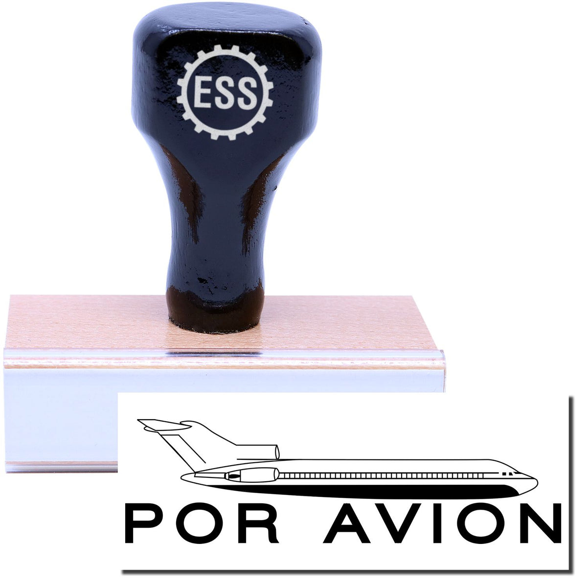 A stock office rubber stamp with a stamped image showing how the text &quot;POR AVION&quot; in a large bold font with an airplane icon above the text is displayed after stamping.