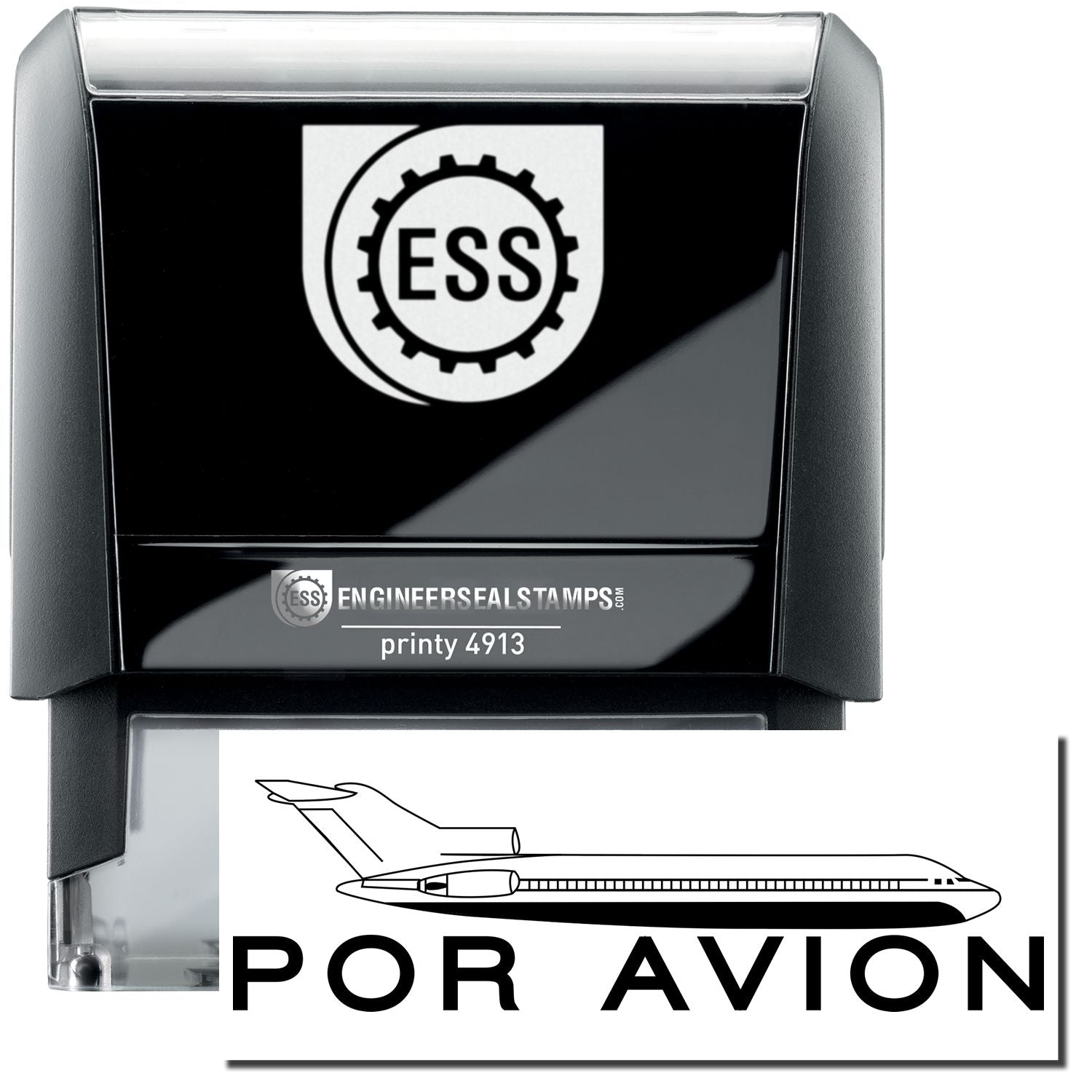 A self-inking stamp with a stamped image showing how the text POR AVION (with an airplane image above it) in a large font is displayed by it after stamping.