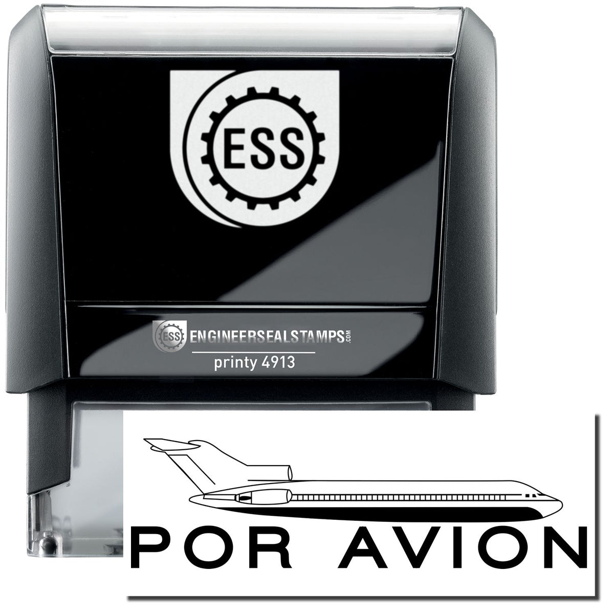 A self-inking stamp with a stamped image showing how the text &quot;POR AVION&quot; (with an airplane image above it) in a large font is displayed by it after stamping.