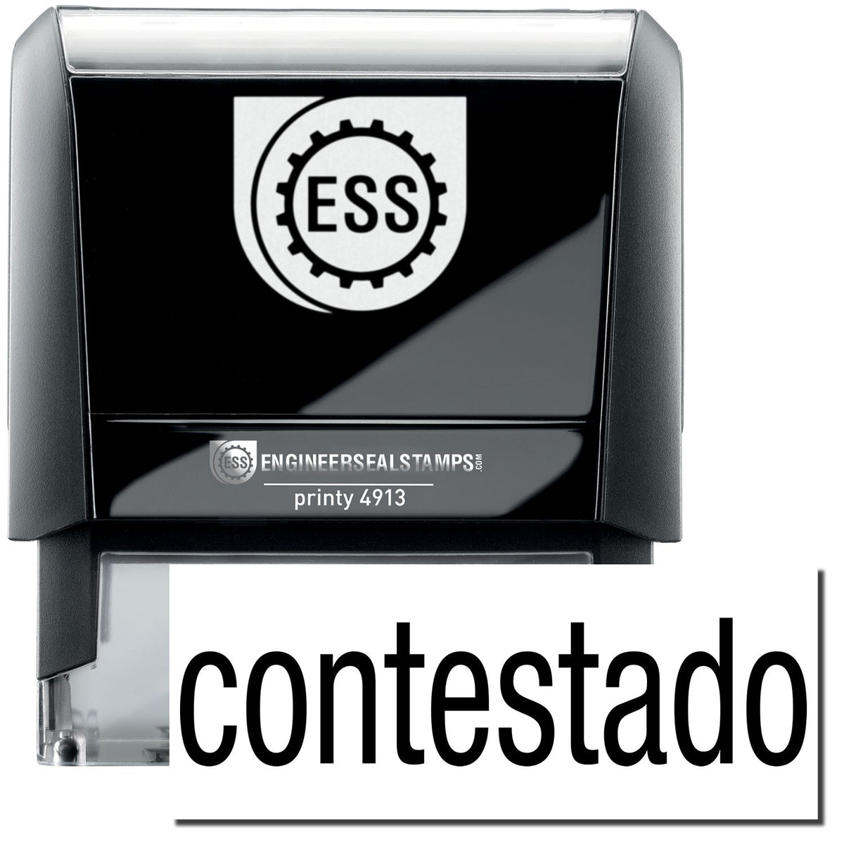 A self-inking stamp with a stamped image showing how the text &quot;contestado&quot; in a large font is displayed by it after stamping.