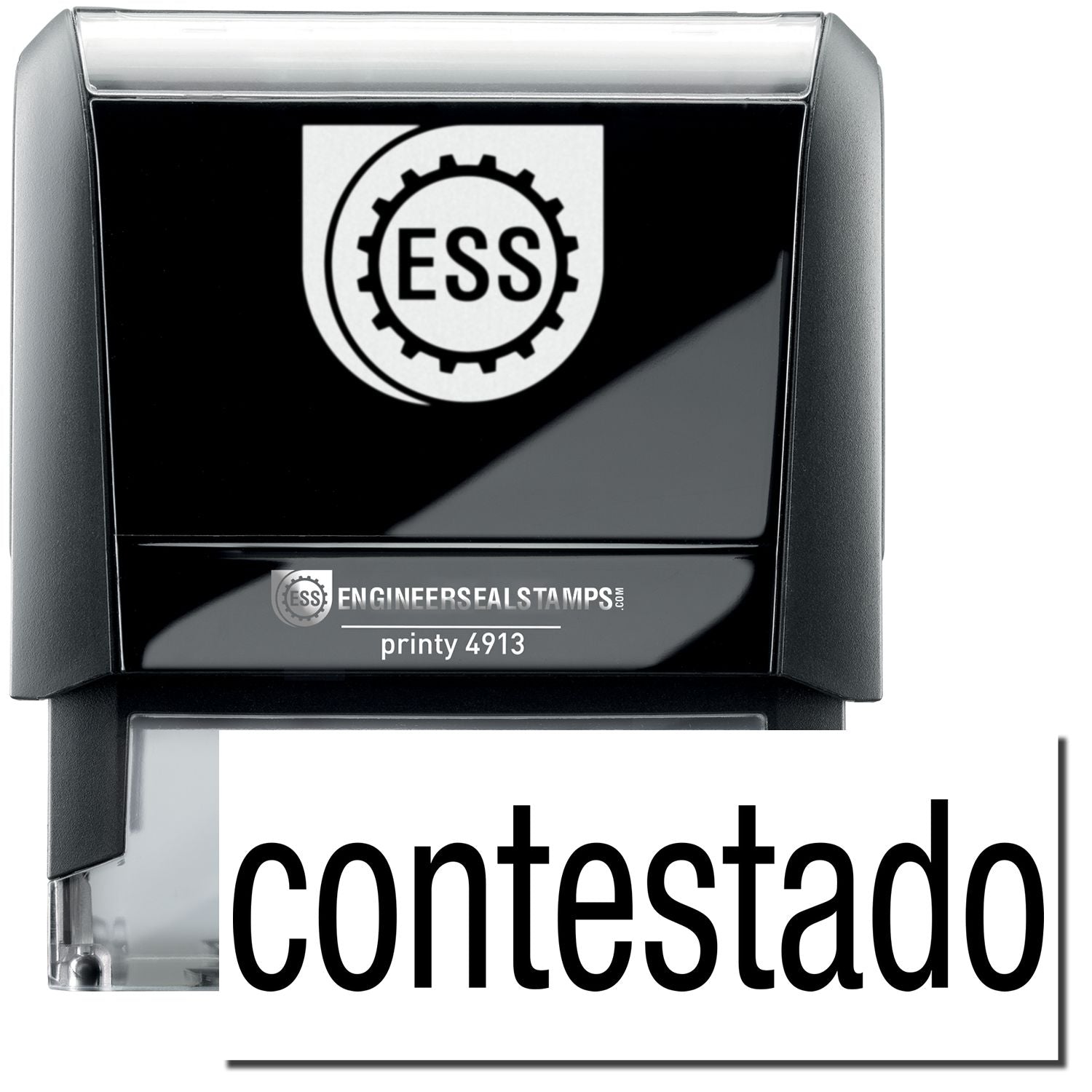 A self-inking stamp with a stamped image showing how the text "contestado" in a large font is displayed by it after stamping.